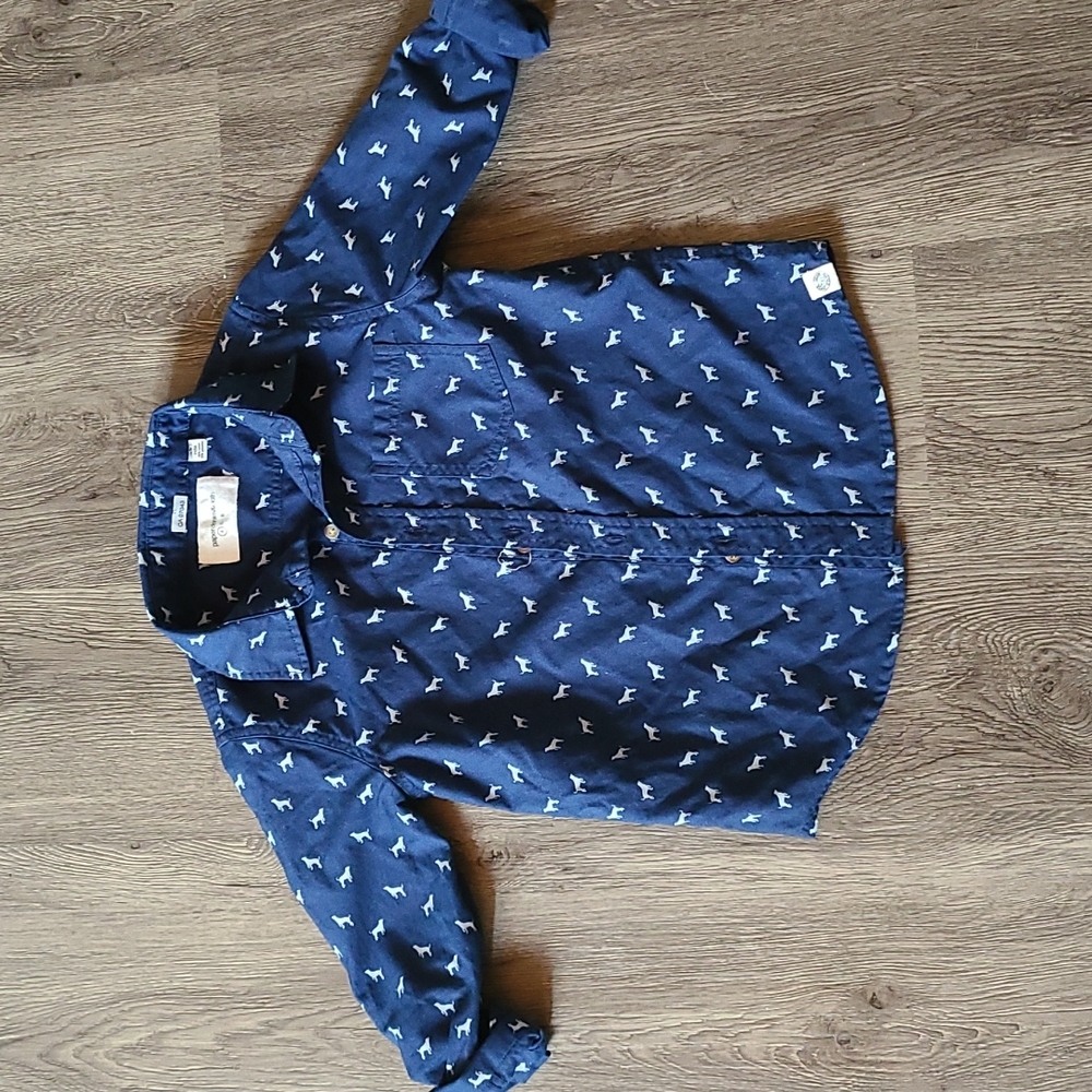 Dog print blue button down shirt